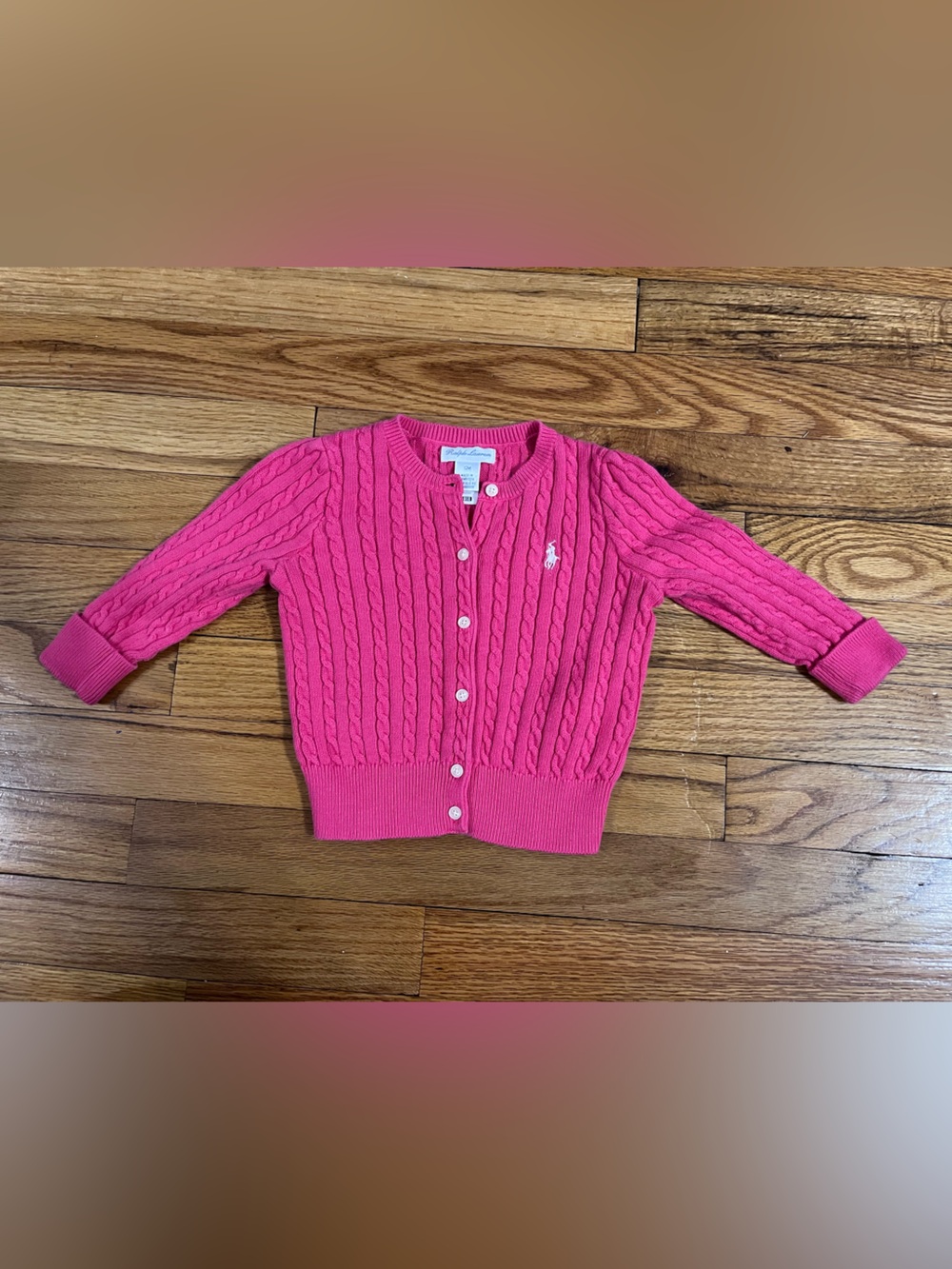 Ralph Lauren Bright Pink Cable-Knit Cardigan with Pearl Buttons